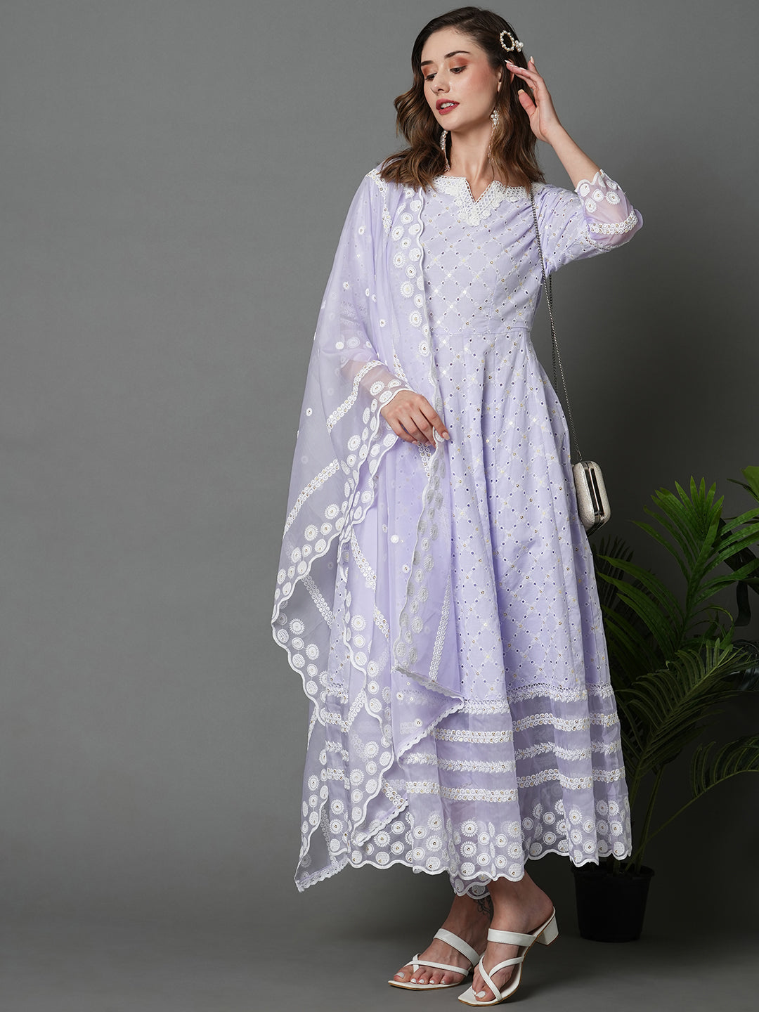 Lilac Empire Chikankari Pure Cotton Kurta Set With Dupatta Heeposh