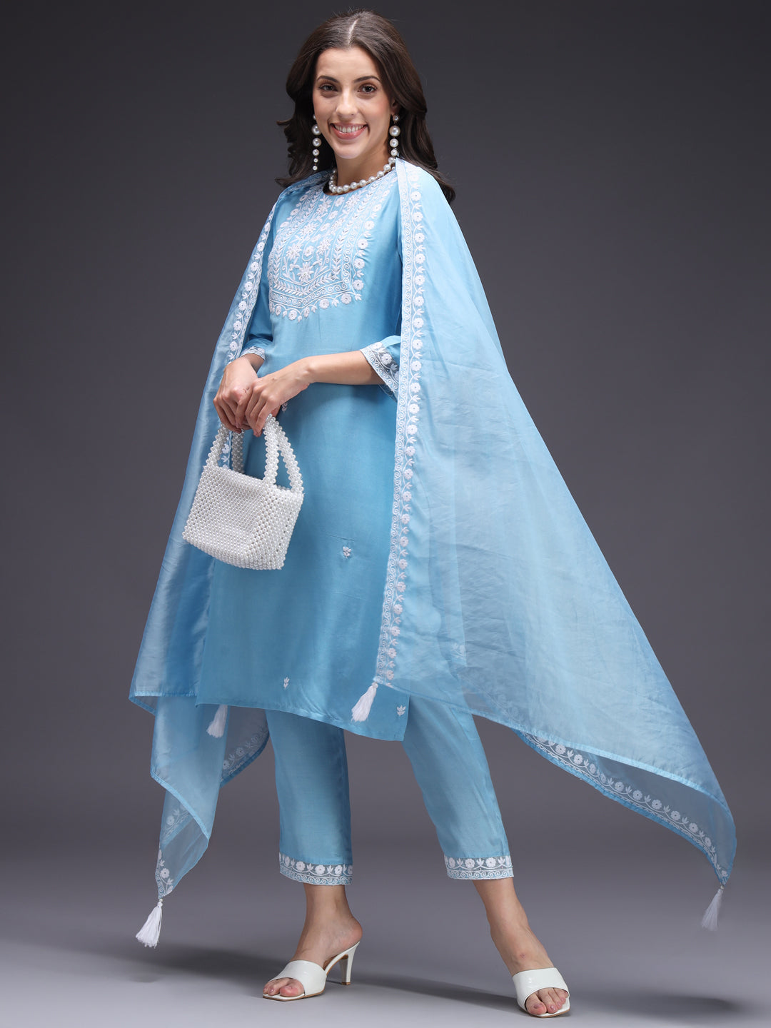 Blue Embroidered Kurta Set With Organza Dupatta Heeposh