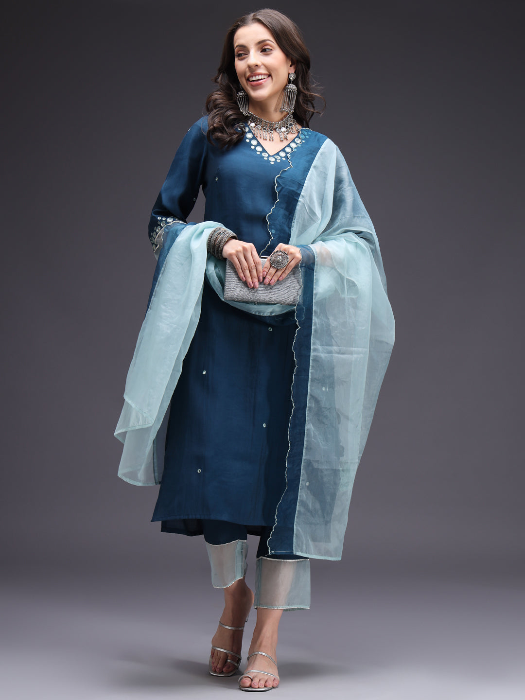 Blue Mirror Work Kurta Set with Organza Dupatta Heeposh