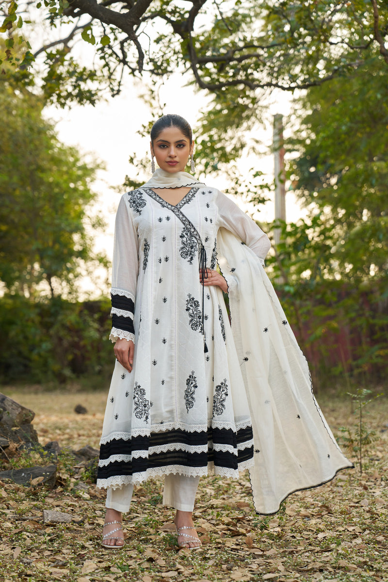Ivory Noir Mul Chanderi embroidered Angrakha Anarkali set - full front view