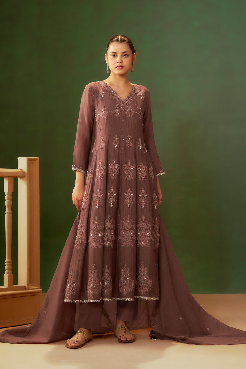 Dusty Mauve Mul Chanderi Handwork Anarkali Set – view 1
