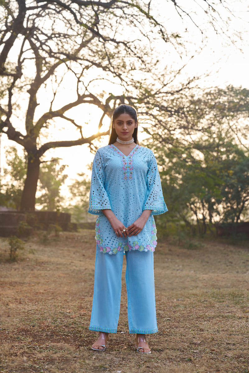 Sky Blue Cotton Cambric Schiffli Embroidered Co-ord Set — view 4