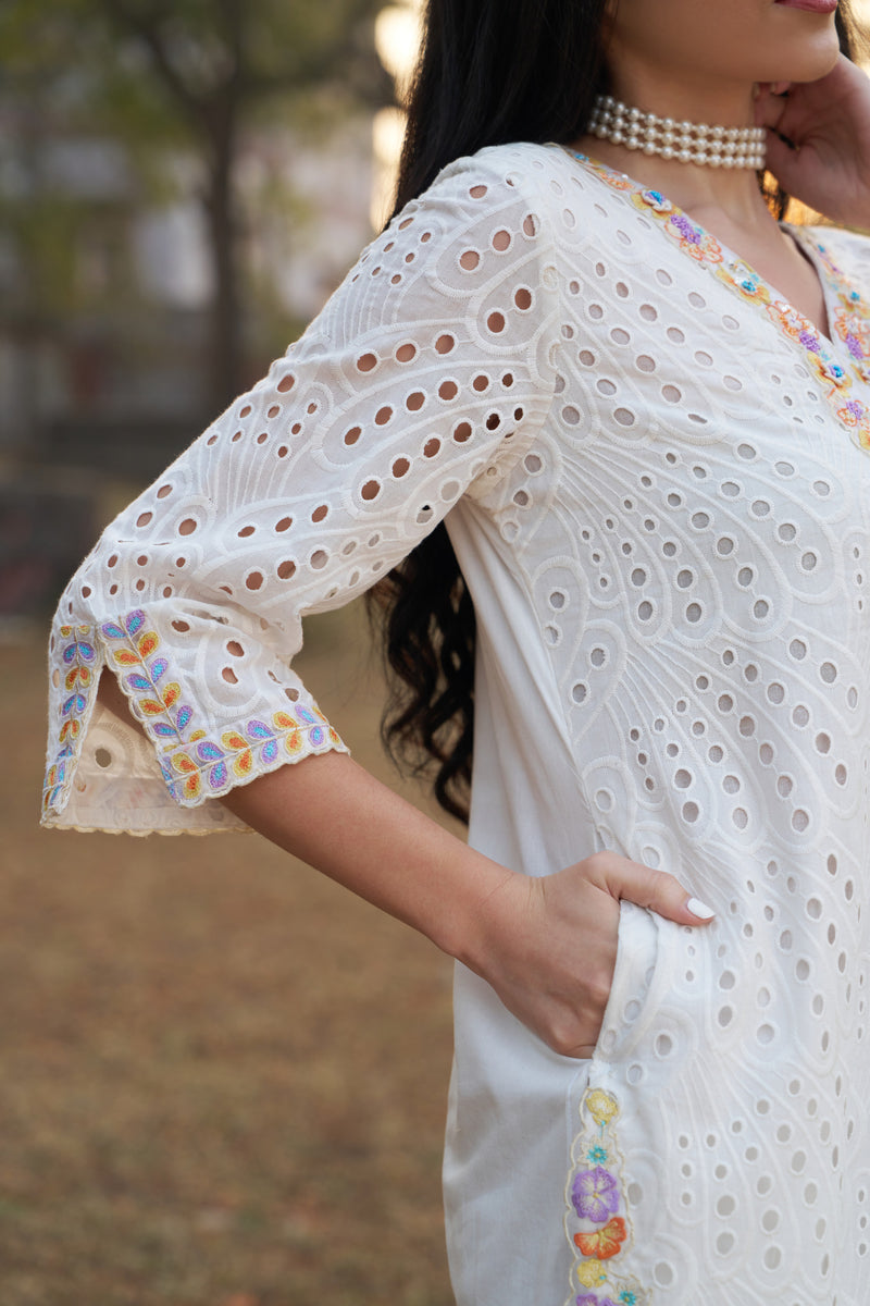 Pearl Ivory Cotton Cambric Schiffli Embroidered Co-ord Set — view 1