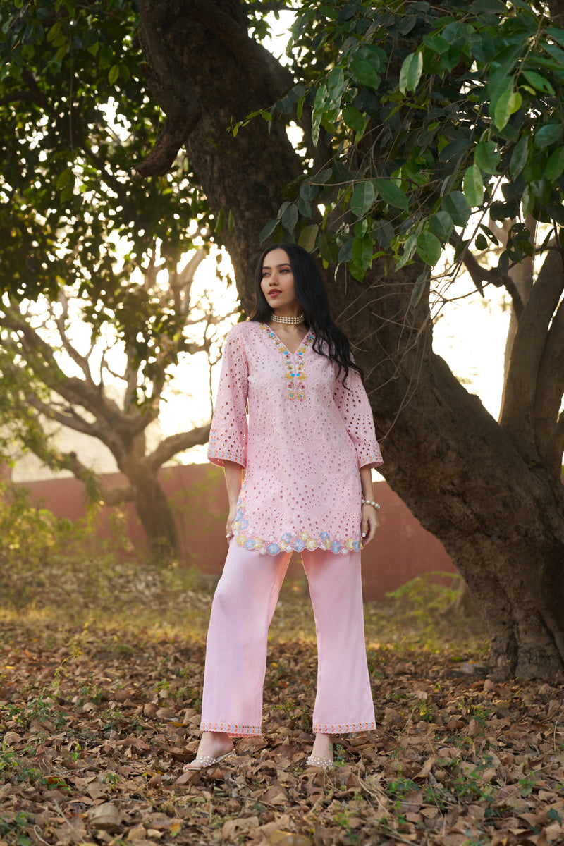 Blush Pink Cotton Cambric Schiffli Embroidered Co-ord Set — view 3