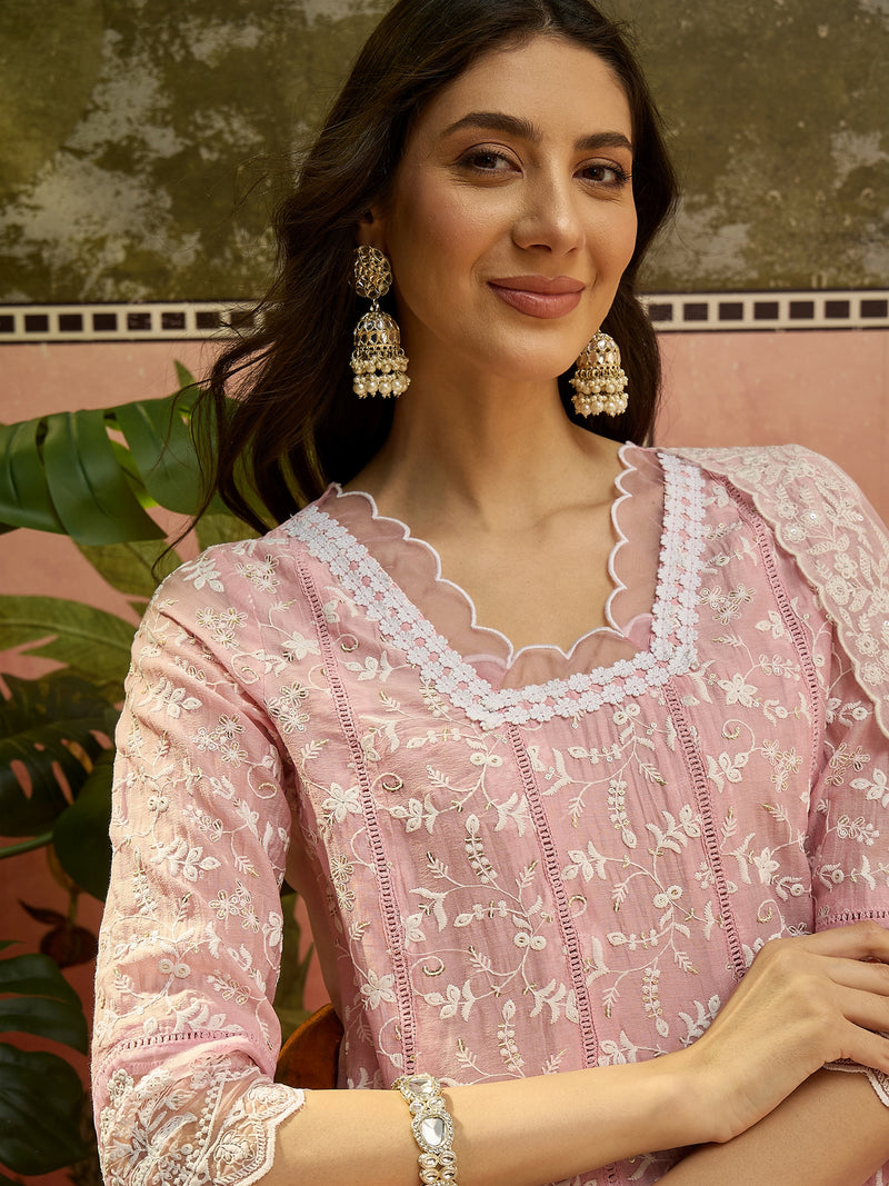 Blush Pink Mul Chanderi Schiffli Embroidered Anarkali Set — view 1