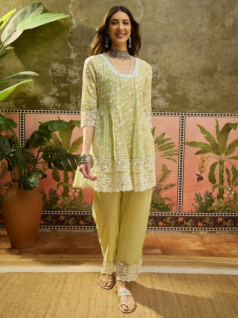 Pistachio Mist Mul Chanderi Schiffli Embroidered Anarkali Set — view 2