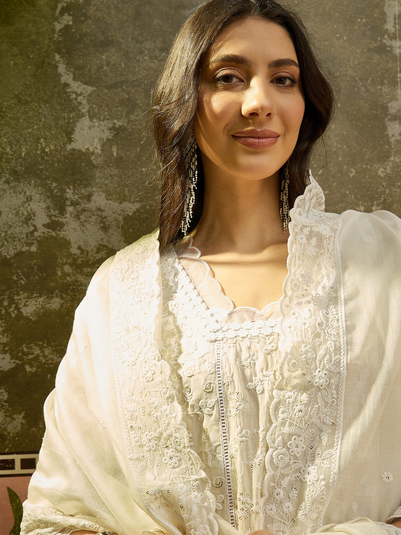 Pearl Ivory Mul Chanderi Schiffli Embroidered Anarkali Set — view 1