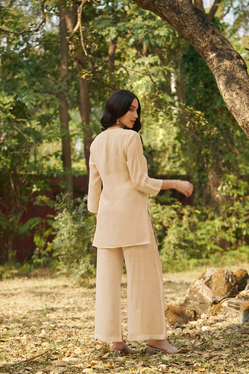 Pearl Ivory Viscose Jacquard Hand-Embroidered Co-ord Set — view 1