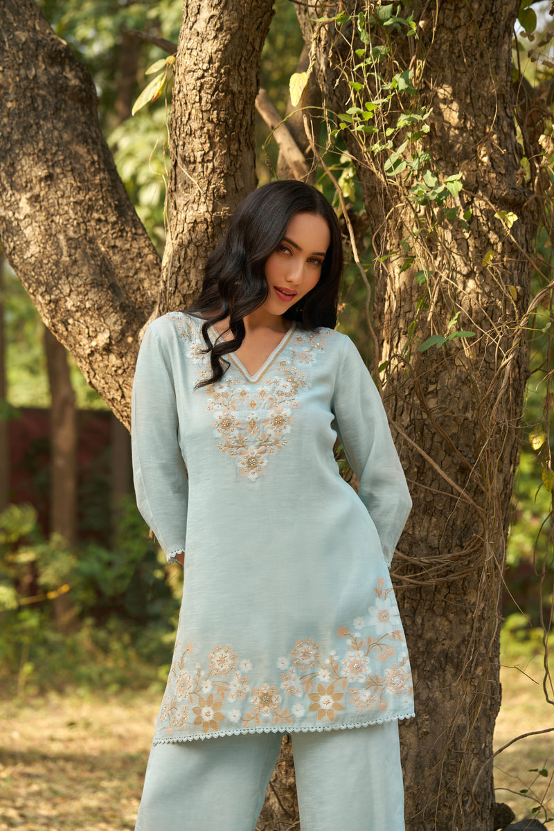 Powder Blue Viscose Jacquard Hand-Embroidered Co-ord Set — view 1