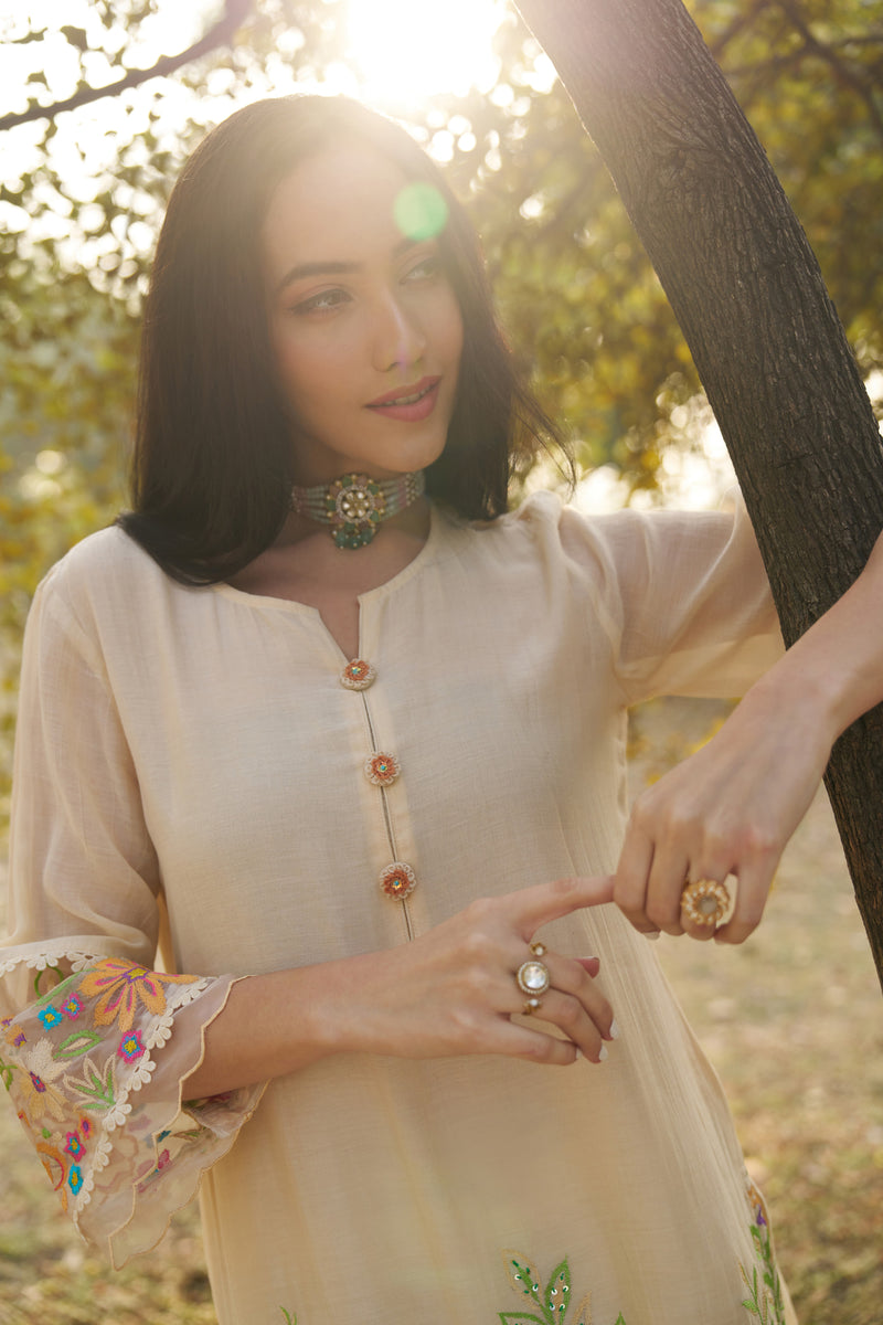 Almond Cream Mul Chanderi Floral Hand-Embroidered Co-ord Set — view 1