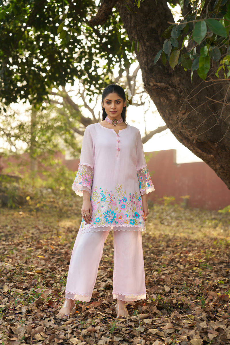 Lilac Bloom Mul Chanderi Floral Hand-Embroidered Co-ord Set — view 2