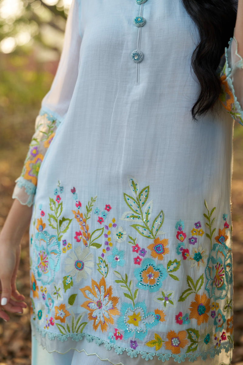 Powder Blue Mul Chanderi Floral Hand-Embroidered Co-ord Set — view 1