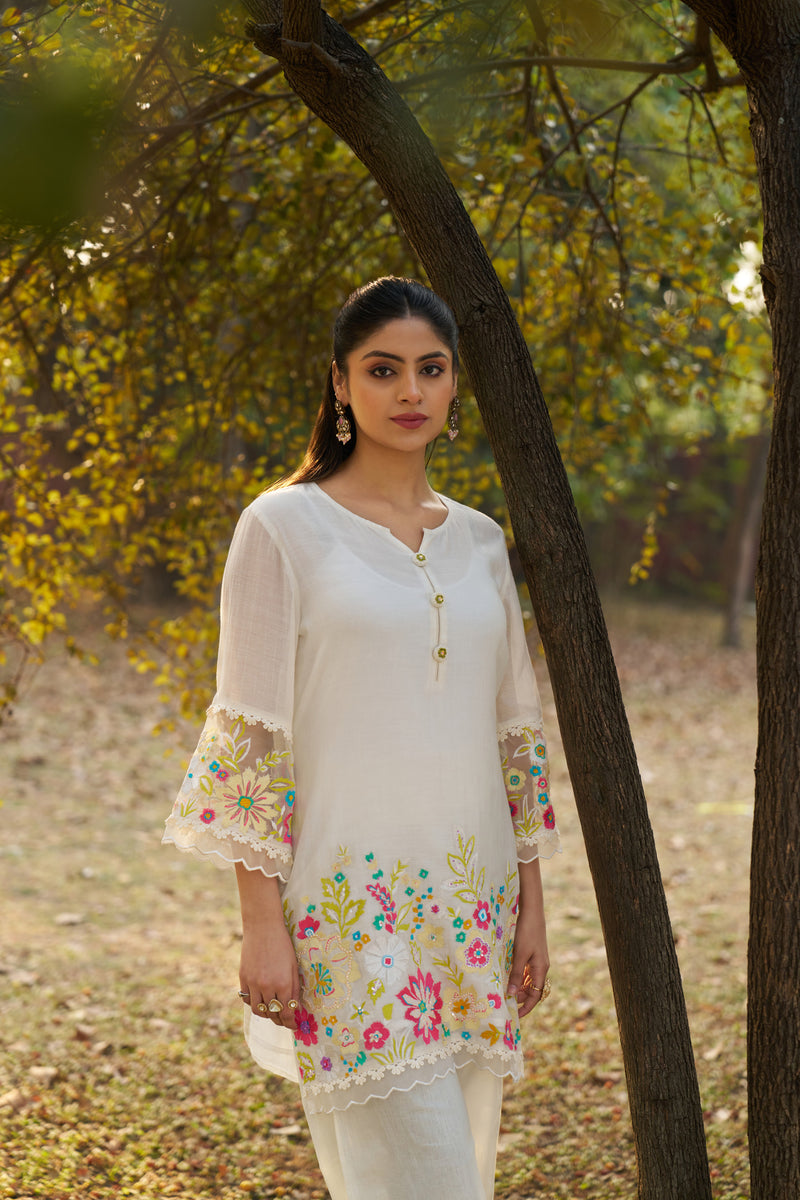 Pearl Ivory Mul Chanderi Floral Hand-Embroidered Co-ord Set — view 1