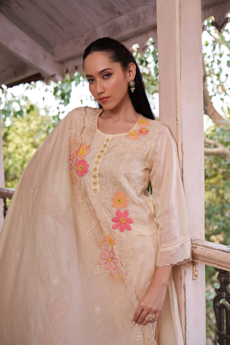 Peach Bloom Murmurry Silk Floral Embroidered Kurta Set — view 1