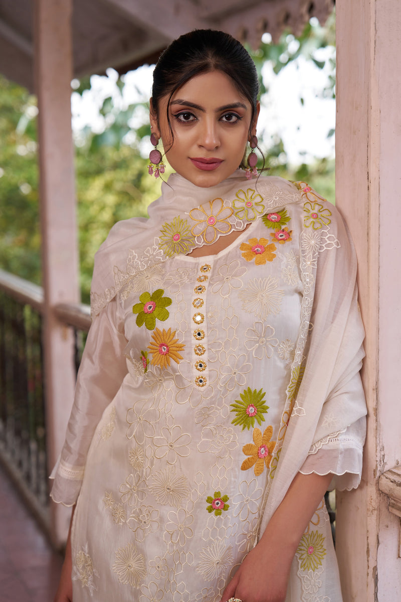 Pearl Ivory Murmurry Silk Floral Embroidered Kurta Set — view 1