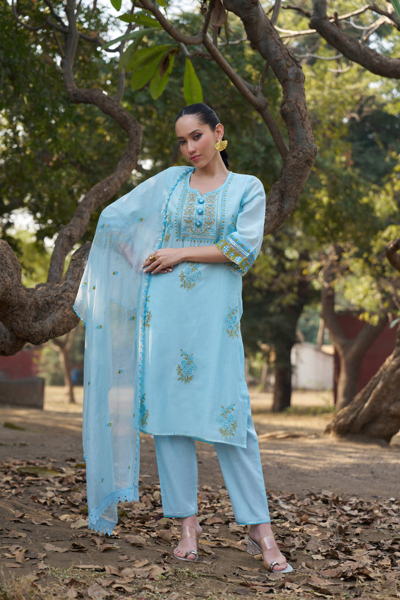 Aqua Blue Mul Chanderi Hand-Embroidered Kurta Set — view 4