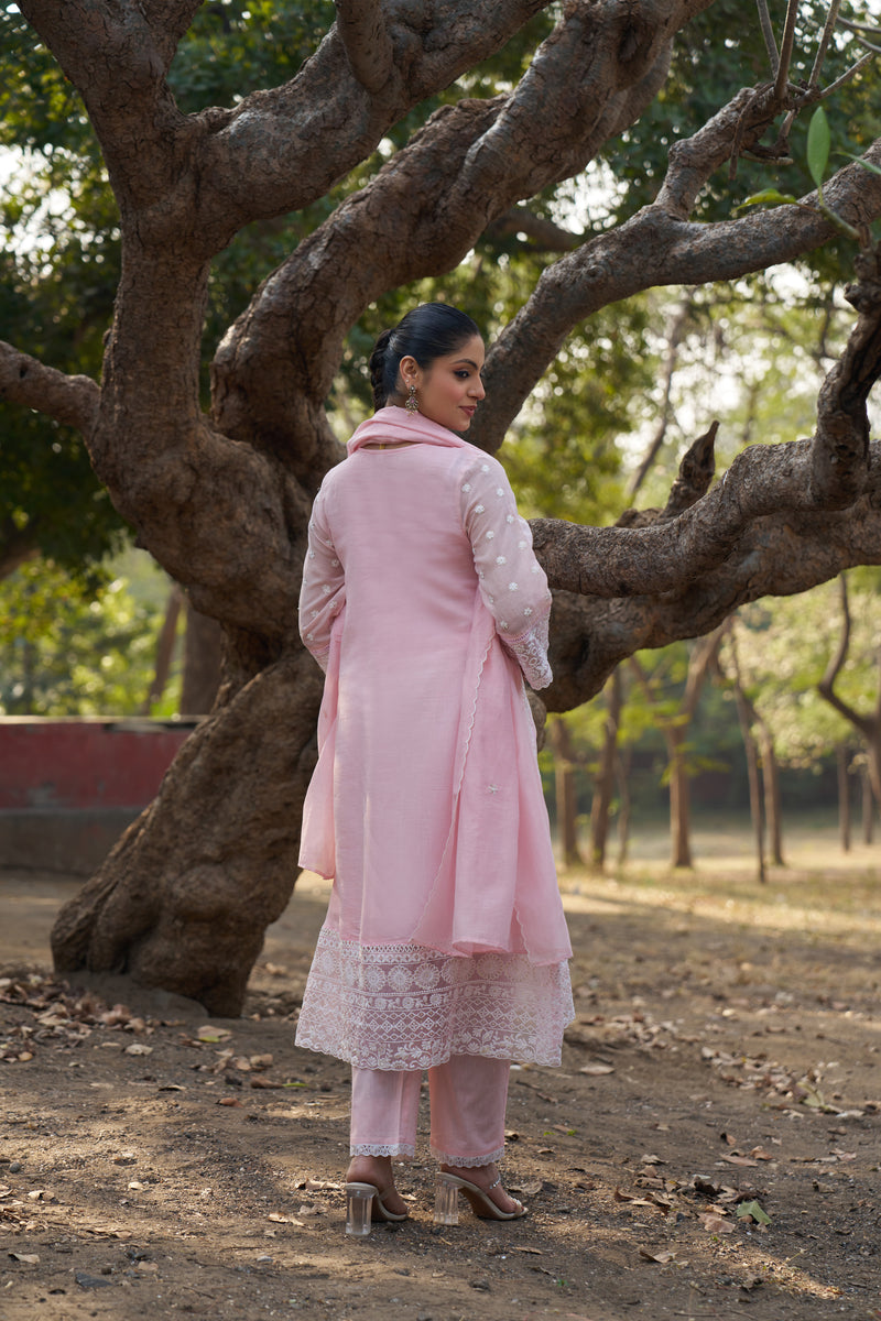 Blush Pink Mul Chanderi Chikankari Schiffli Anarkali Set — view 1