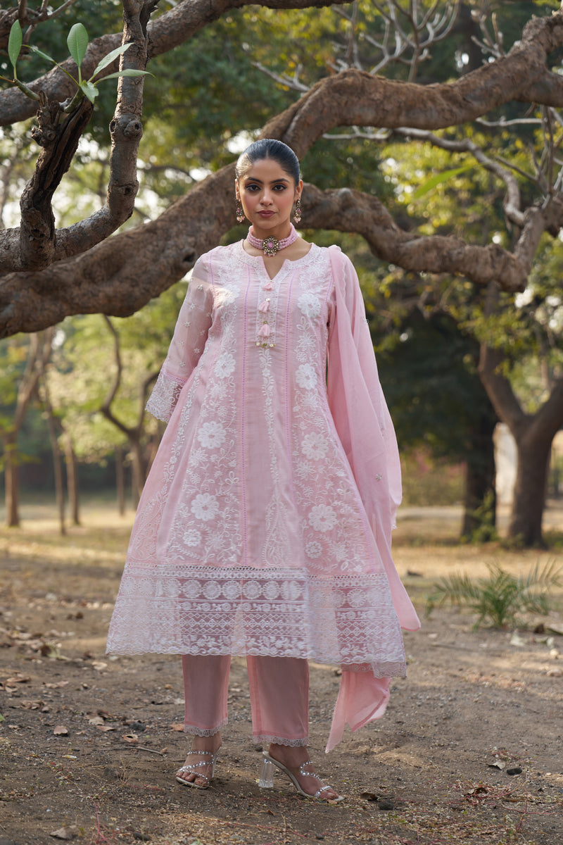 Blush Pink Mul Chanderi Chikankari Schiffli Anarkali Set — view 3