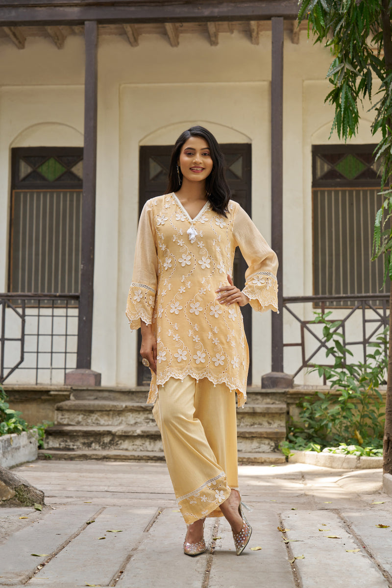 Butter Yellow Mul Chanderi 3D Schiffli Embroidered Co-ord Set - front view