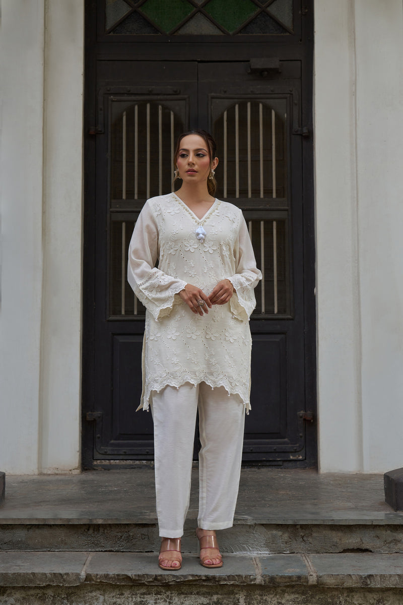 Pearl Ivory Mul Chanderi 3D Schiffli Embroidered Co-ord Set - front view
