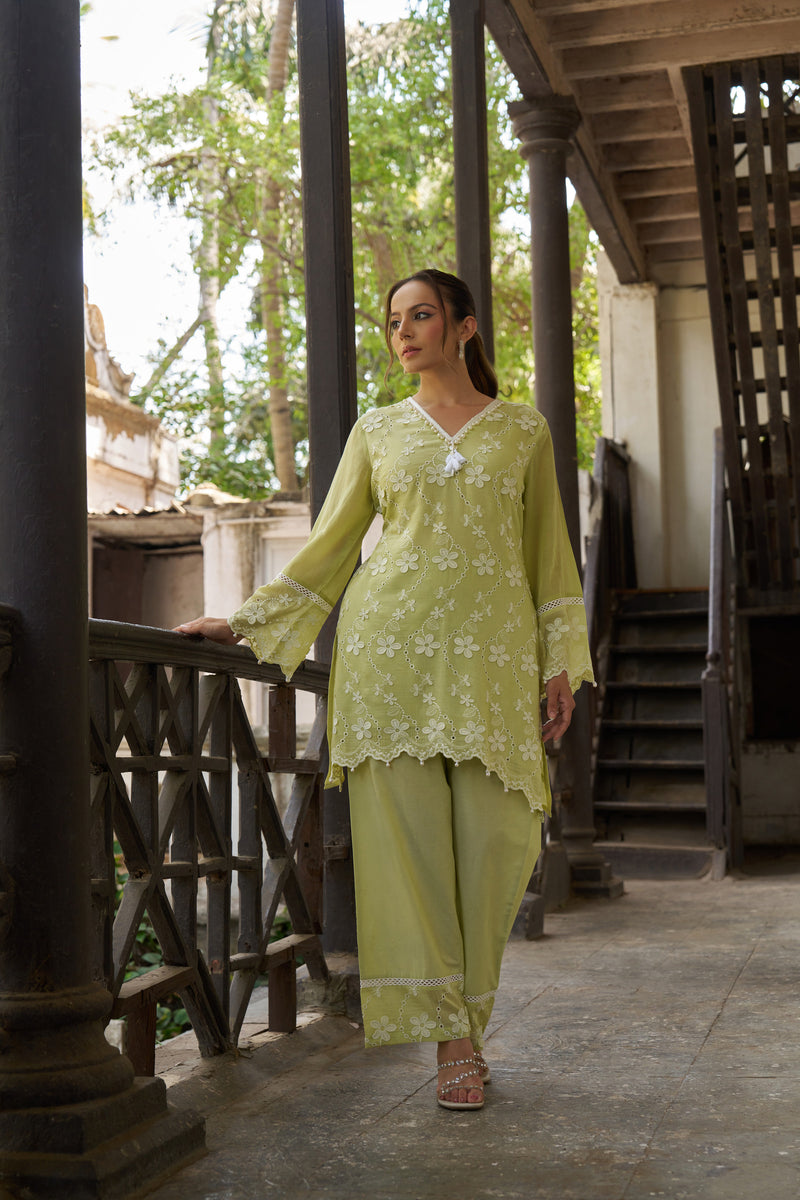 Lime Sorbet Mul Chanderi 3D Schiffli Embroidered Co-ord Set - front view