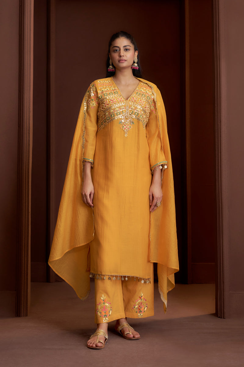 Golden Marigold Mul Chanderi Hand-Sequin Embroidered Kurta Set - Full front view