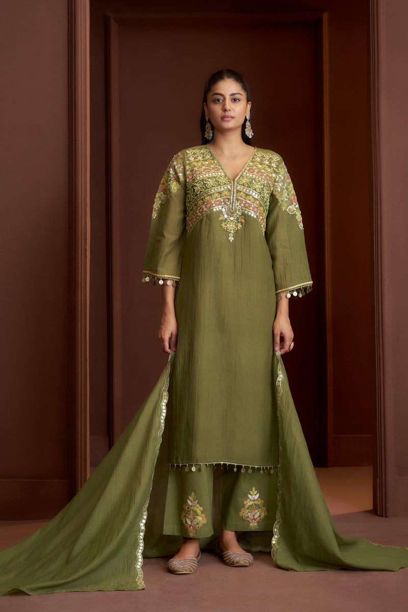 Olive Grove Mul Chanderi Hand-Sequin Embroidered Kurta Set - Full front view