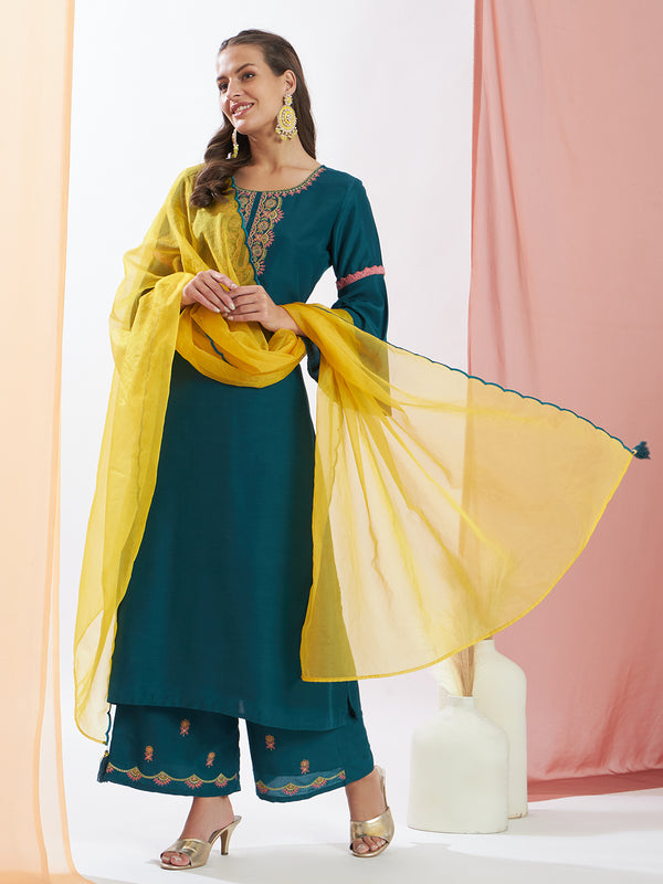 Teal Embroidered Kurta Set with Organza Dupatta