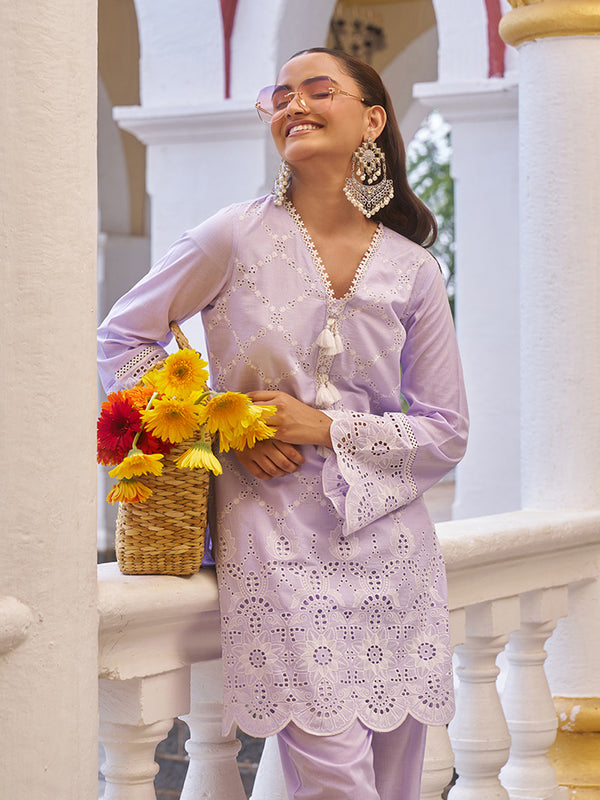 A pastel cotton co-ord set with elegant geometrical Schiffli embroidery. Shop Now!