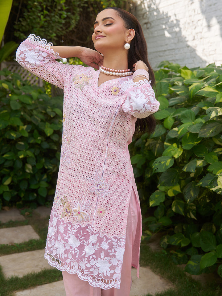 This V-neck co-ord set features delicate floral surface ornamentation for a graceful look. Shop Now!