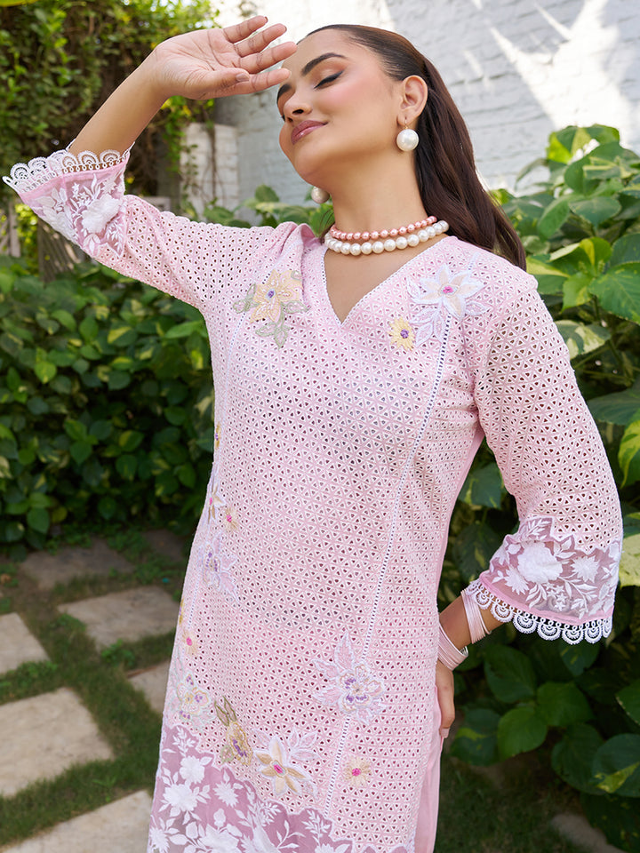 This V-neck co-ord set features delicate floral surface ornamentation for a graceful look. Shop Now!