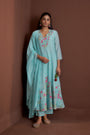 Sky Blue Mul Chanderi Floral Handwork Anarkali Set