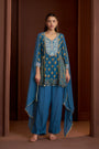 Peacock Blue Korean Crepe Embroidered Kurta Set