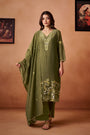 Olive Green Mul Chanderi Embroidered Straight Kurta Set