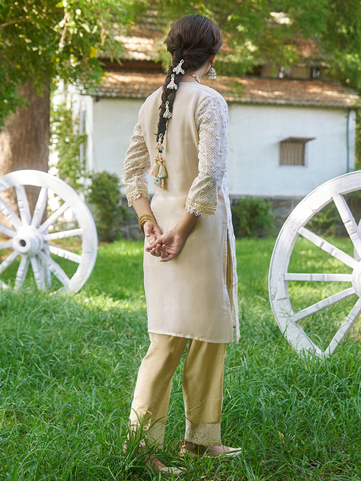 This co-ord set features intricate schiffli embroidery that adds depth and texture. Shop Now!