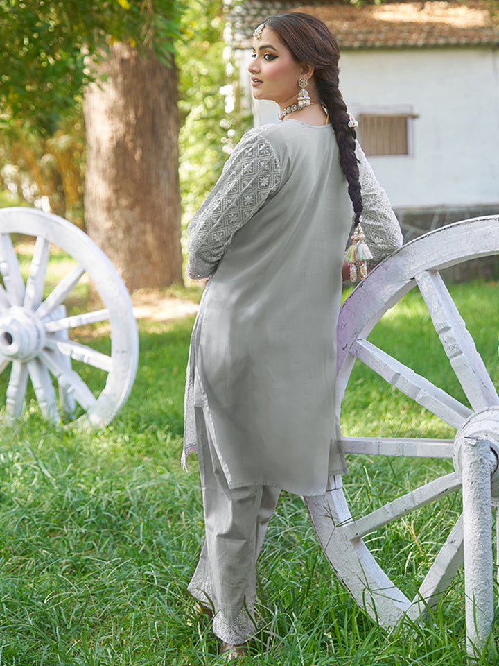 Designed in shimmer georgette, this co-ord set features intricate schiffli embroidery. Shop Now!