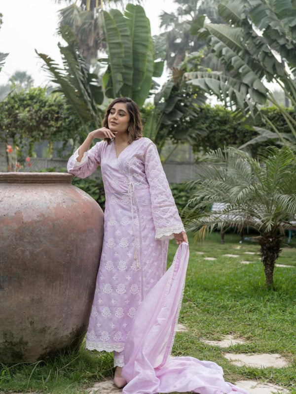 Pink Angrakha Chikankari Pure Cotton Kurta Set with Dupatta