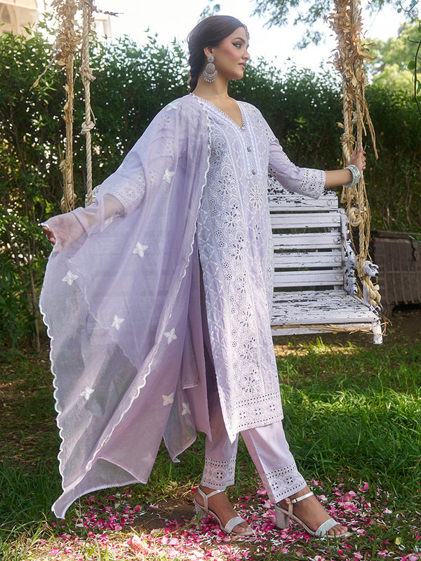 This kurta set is made from breathable cotton fabric with intricate schiffli embroidery. Shop Now!
