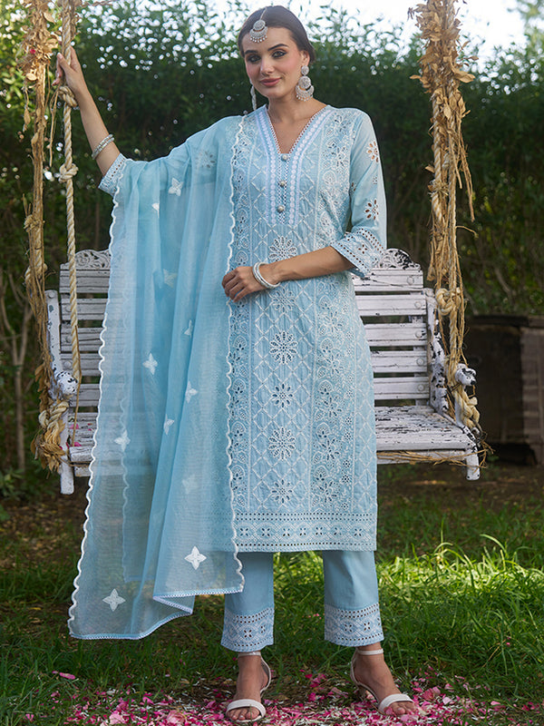 This kurta set is made from breathable cotton fabric adorned with schiffli embroidery. Shop Now!