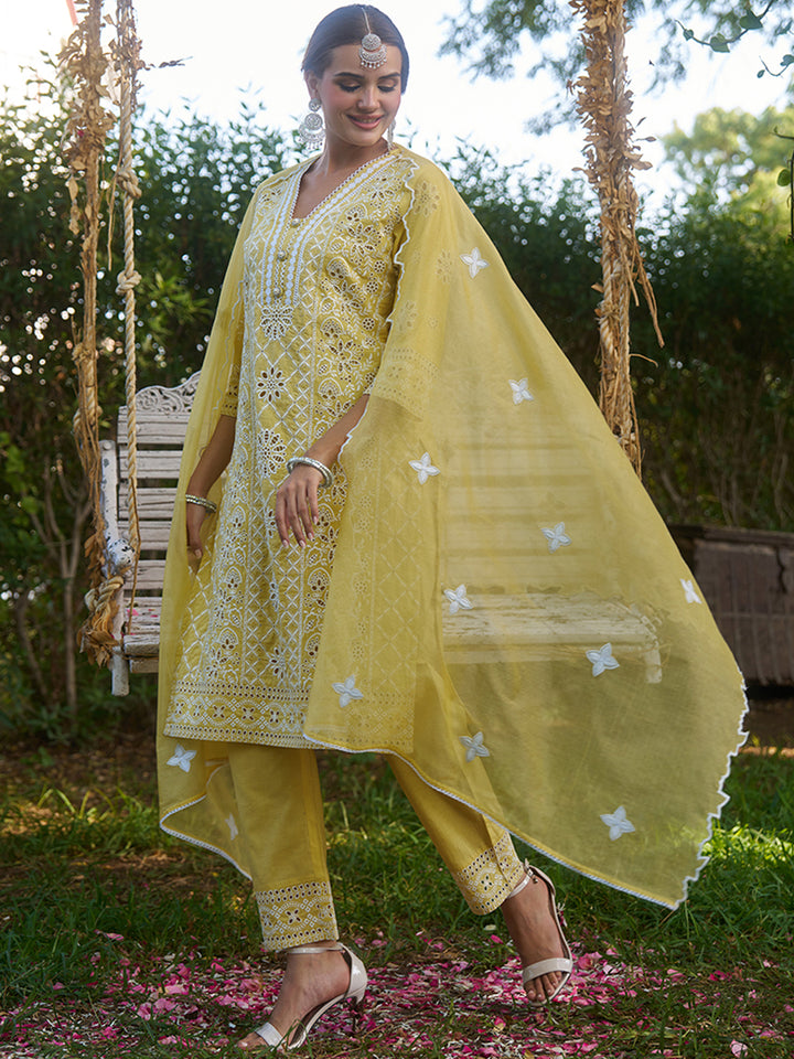 This kurta set is made from breathable cotton fabric adorned with schiffli embroidery. Shop Now!