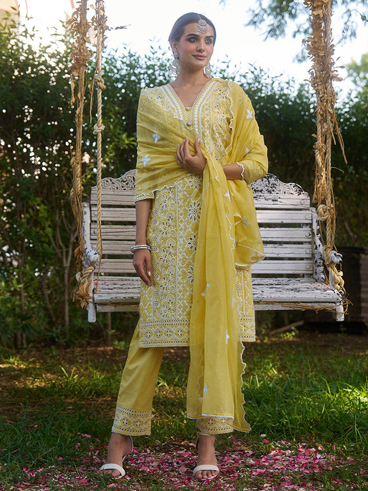 This kurta set is made from breathable cotton fabric adorned with schiffli embroidery. Shop Now!
