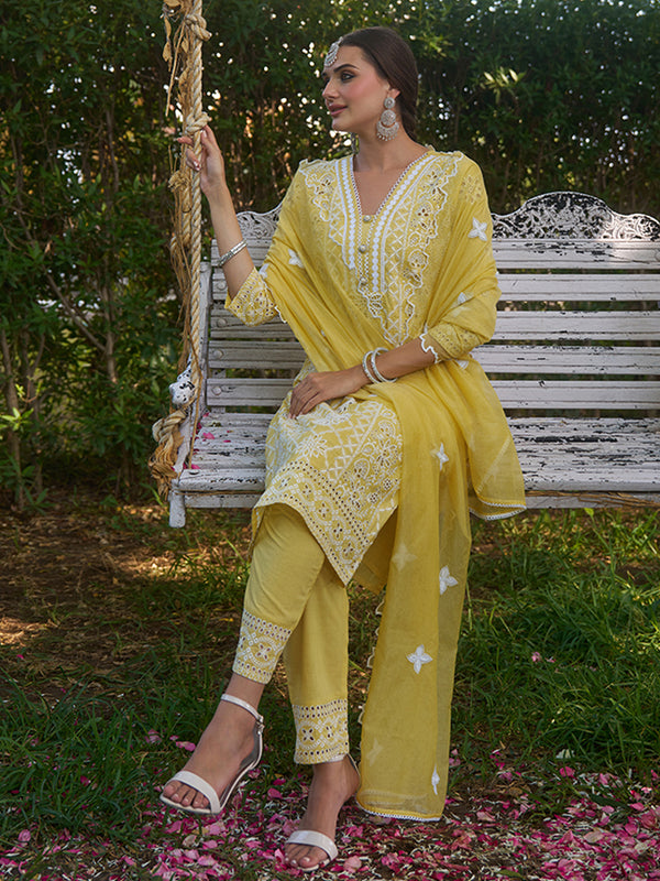This kurta set is made from breathable cotton fabric adorned with schiffli embroidery. Shop Now!