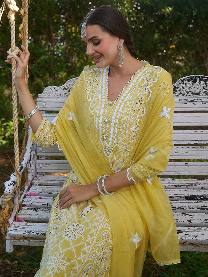 This kurta set is made from breathable cotton fabric adorned with schiffli embroidery. Shop Now!