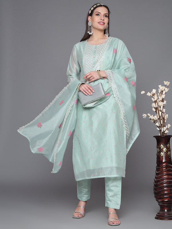 Pastel Teal Embroidered Chanderi Silk Kurta Set with Embroidered Organza Dupatta