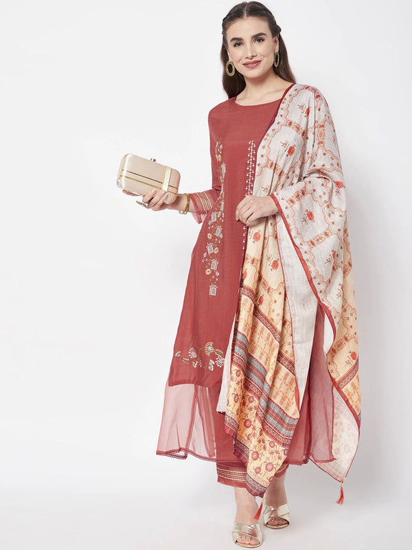 Brick Red Embroidered Chanderi Silk Kurta Set with Printed Dupatta