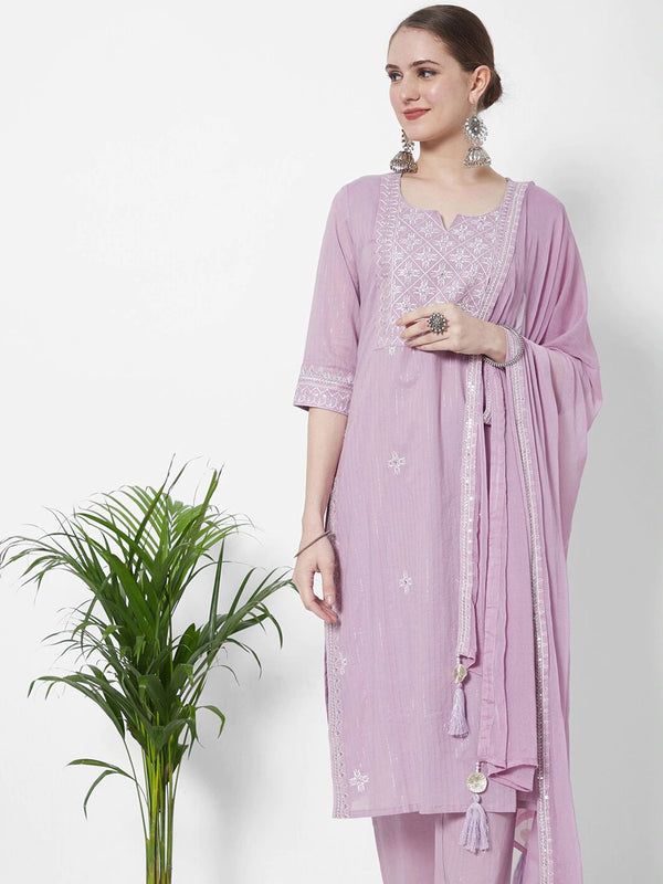 Lilac Embroidered Pure Cotton Kurta Set With Dupatta