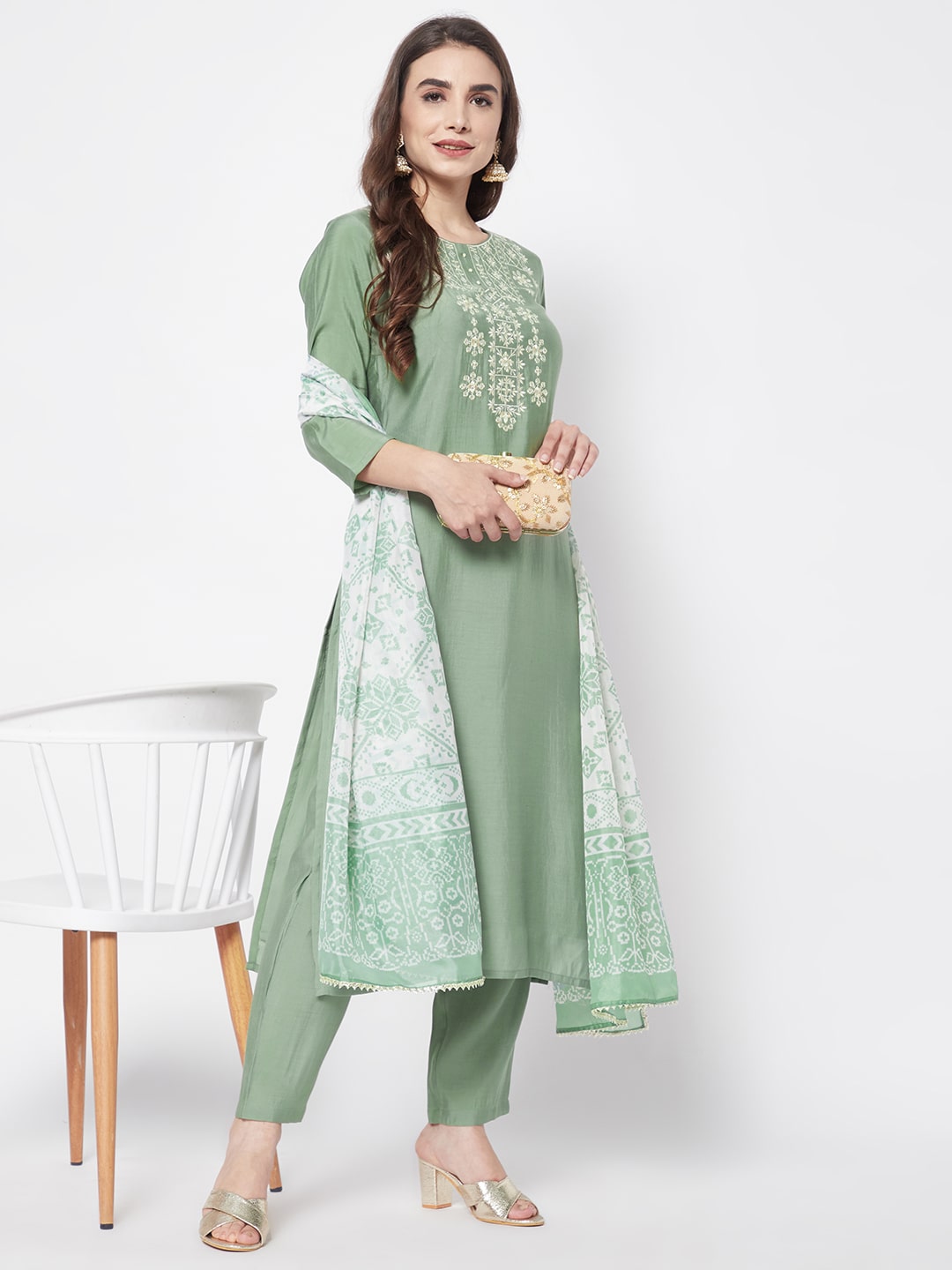 Mint Green Floral Embroidered Kurta Set with Dupatta – Heeposh