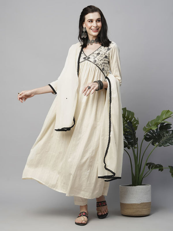 Cream Floral Yoke Design Empire Pure Cotton Kurta Set with Dupatta