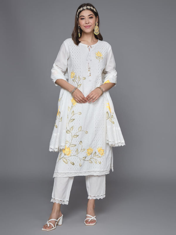 Hand Painted Schiffli Embroidered Pure Cotton Kurta Set