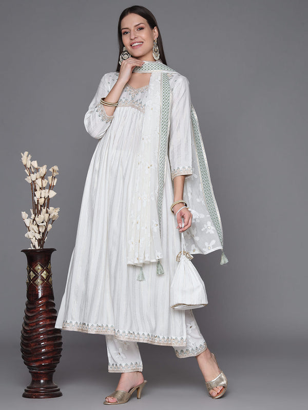 White Embroidered Yoke Kurta Set with Dupatta